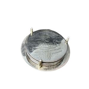 Vintage Silver Plated Ducks In Pond Coaster Set Of 4 Coasters With Holder
